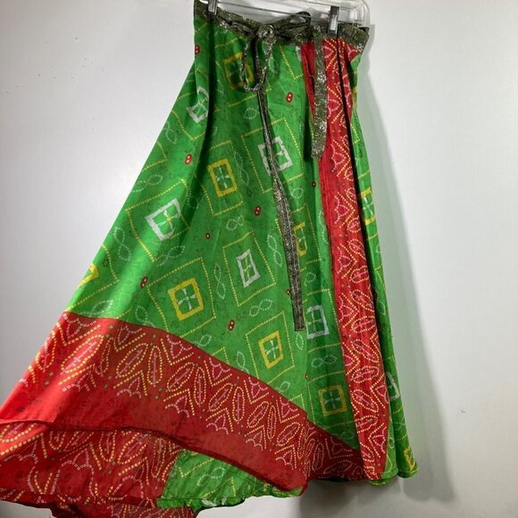 Womens Kariza Vintage Silk Magic Sari Wrap Skirt Dress Green Red Pattern One Siz - Picture 7 of 10